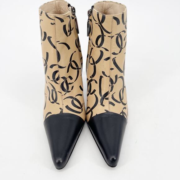 Chanel EU 37 Beige Black Allover CC Logo Pointed Cap Toe Ankle Boots F/W 2000 - Picture 7 of 14